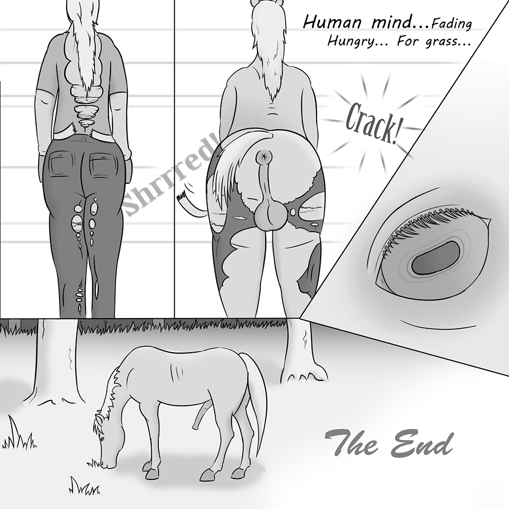 anus balls butt clothing comic equine eye feral forest grass horse horsecock human hunger mammal mane pants penis ripping shred solo transformation tree werehorse