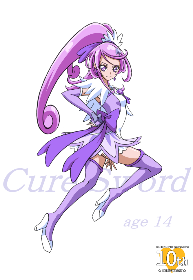 alternate_hair_length alternate_hairstyle anniversary arm_warmers arudebido boots bow character_name copyright_name cure_sword curly_hair dokidoki!_precure earrings frills full_body hair_ornament half_updo jewelry kenzaki_makoto long_hair magical_girl ponytail precure purple_eyes purple_footwear purple_hair purple_legwear purple_skirt ribbon skirt smile solo spade_earrings spade_hair_ornament thigh_boots thighhighs white_background zettai_ryouiki