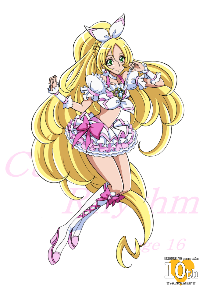 adapted_costume anniversary arudebido blonde_hair boots bow brooch character_name choker copyright_name cure_rhythm frills full_body green_eyes hair_ribbon jewelry knee_boots long_hair magical_girl midriff minamino_kanade older pink_bow precure puffy_sleeves ribbon skirt smile solo suite_precure white_background white_choker wrist_cuffs