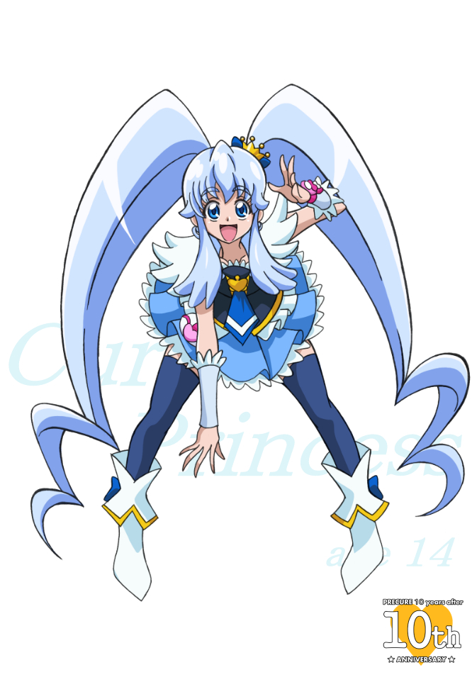 :d anniversary arudebido blue_eyes blue_hair blue_legwear blue_skirt brooch character_name copyright_name crown cure_princess earrings frills full_body happinesscharge_precure! jewelry leaning_forward long_hair magical_girl mini_crown necktie open_mouth precure shirayuki_hime shoes sidelocks skirt smile solo standing thighhighs twintails white_background