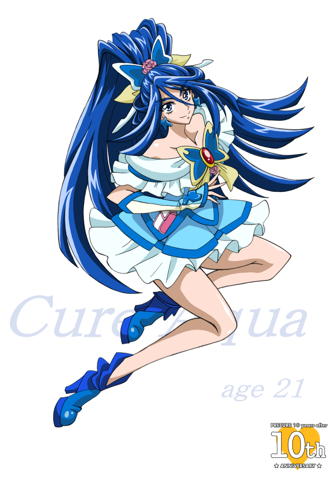 adapted_costume anniversary arudebido bare_legs bare_shoulders blue_eyes blue_hair brooch butterfly_hair_ornament character_name copyright_name cure_aqua dress flower frills full_body hair_flower hair_ornament jewelry long_hair magical_girl minazuki_karen older pink_flower pink_rose ponytail precure rose shoes skirt smile solo strapless strapless_dress white_background wide_ponytail wrist_cuffs yes!_precure_5 yes!_precure_5_gogo!
