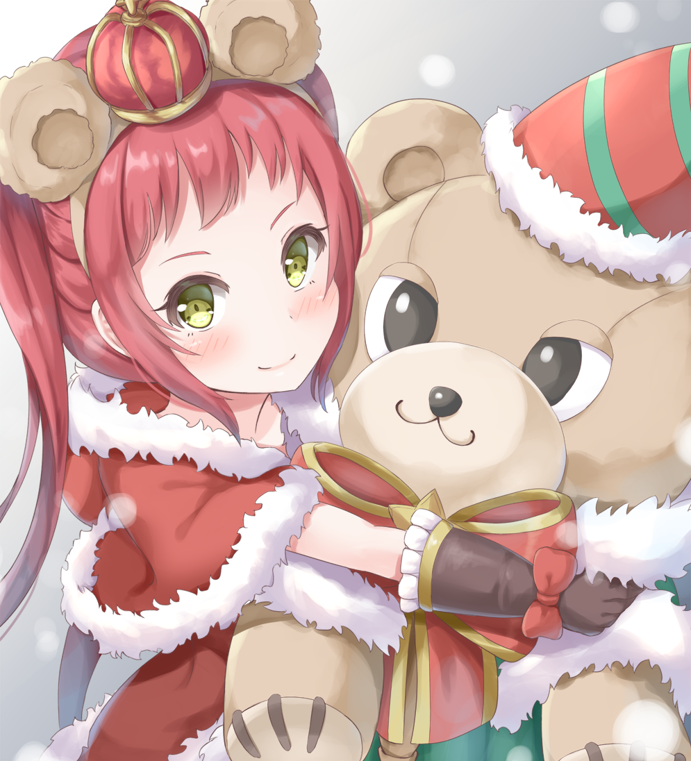 1girl animal_ears bangs bear_ears blush bow brown_gloves brown_hairband capelet christmas closed_mouth commentary_request crown dress fake_animal_ears fur-trimmed_capelet fur-trimmed_dress fur_trim gloves green_eyes hairband houjou_ayane keiran_(ryo170) looking_at_viewer mini_crown object_hug princess_connect! princess_connect!_re:dive red_bow red_capelet red_dress red_hair santa_costume sidelocks smile solo stuffed_animal stuffed_toy teddy_bear twintails