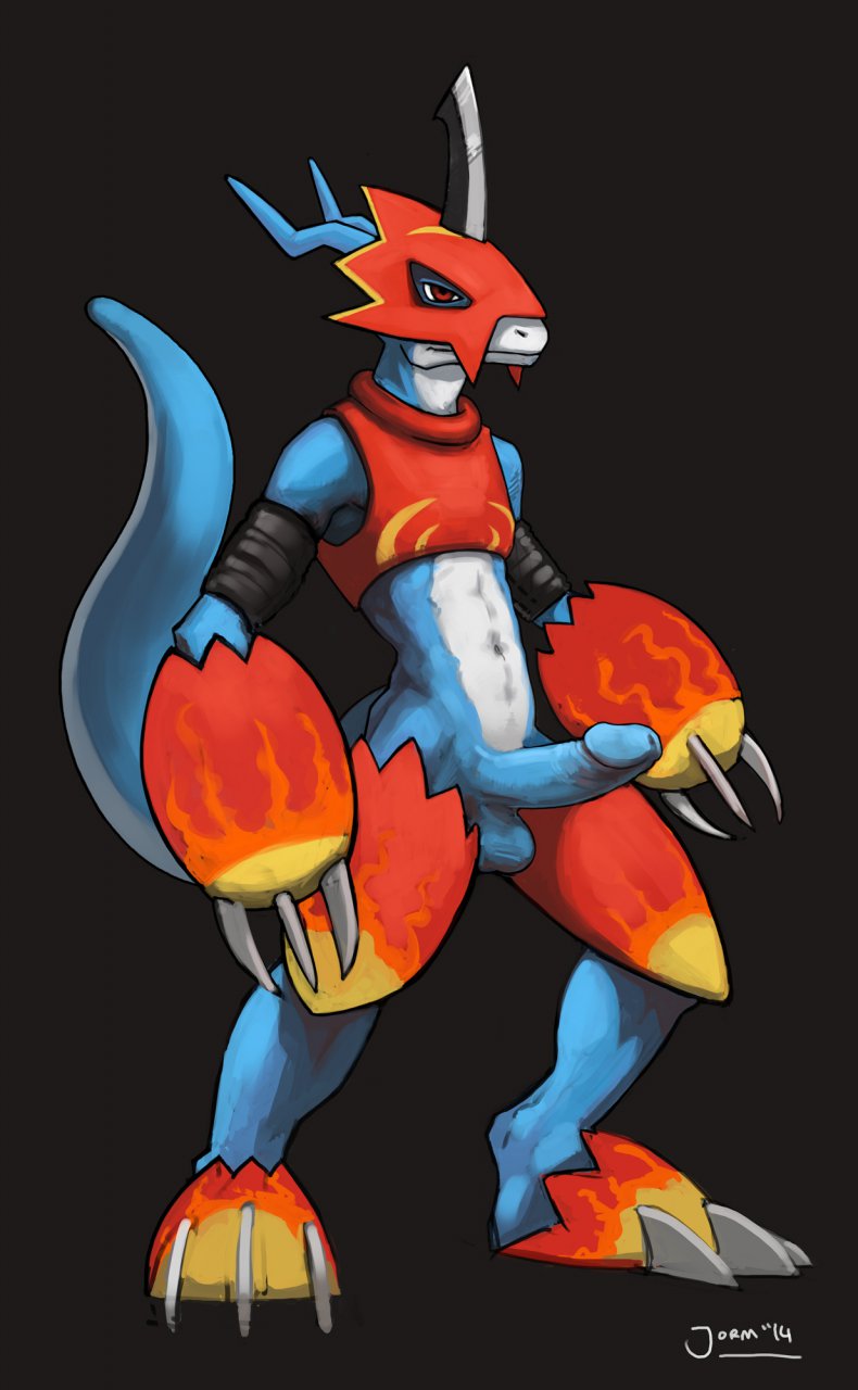 anthro armor balls blue_penis claws clothed clothing digimon dragon erection flamedramon grey_background half-closed_eyes half-dressed humanoid_penis jormungand male navel penis plain_background red_eyes shadow sharp_claws shirt solo standing toe_claws