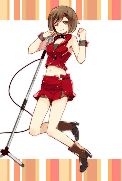 bare_shoulders boots breasts brown_eyes brown_hair cable cleavage clenched_hand collar crop_top floating full_body glowing high_heels lace lace-trimmed_skirt layered_skirt medium_breasts meiko meiko_(vocaloid3) microphone microphone_stand midriff nail_polish navel one_eye_closed redbear07 skirt smile solo vocaloid wrist_cuffs