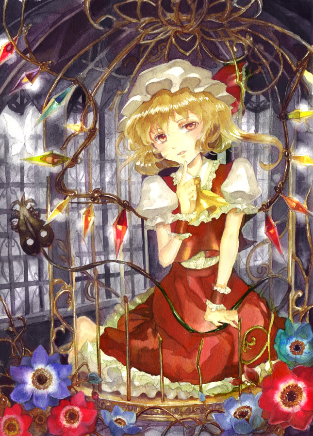 anemone_(flower) ascot bad_id bad_pixiv_id barefoot birdcage blonde_hair cage color_ink_(medium) finger_to_chin flandre_scarlet flower hat hat_ribbon head_tilt keiko_(mitakarawa) kneeling laevatein looking_at_viewer mob_cap paint_(medium) parted_lips puffy_short_sleeves puffy_sleeves red_eyes ribbon short_hair short_sleeves side_ponytail skirt skirt_set solo touhou traditional_media window wings wrist_cuffs