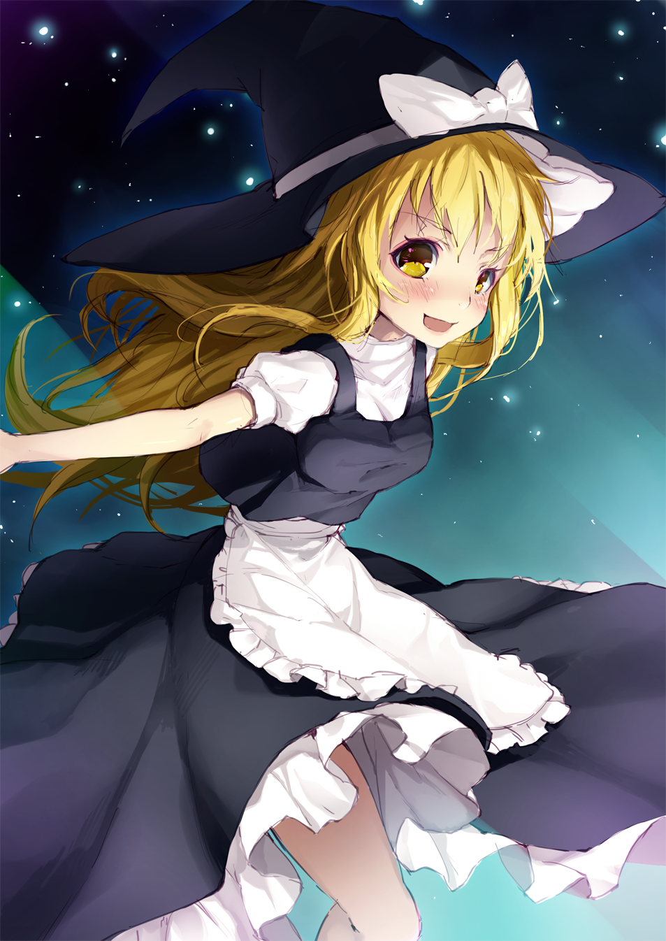 apron armais_(me-chan337) blonde_hair blush frilled_skirt frills gradient gradient_background hat highres kirisame_marisa long_hair looking_at_viewer night open_mouth outstretched_arms short_sleeves skirt skirt_set sky solo star_(sky) starry_sky touhou waist_apron witch_hat yellow_eyes