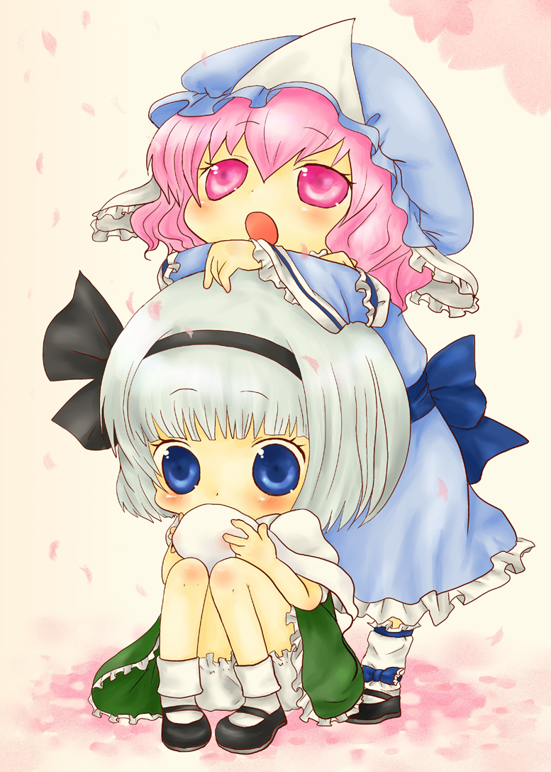 bad_id bad_pixiv_id blue_eyes chibi hairband hat japanese_clothes konpaku_youmu konpaku_youmu_(ghost) multiple_girls pink_eyes pink_hair saigyouji_yuyuko saitou_takana short_hair silver_hair socks touhou