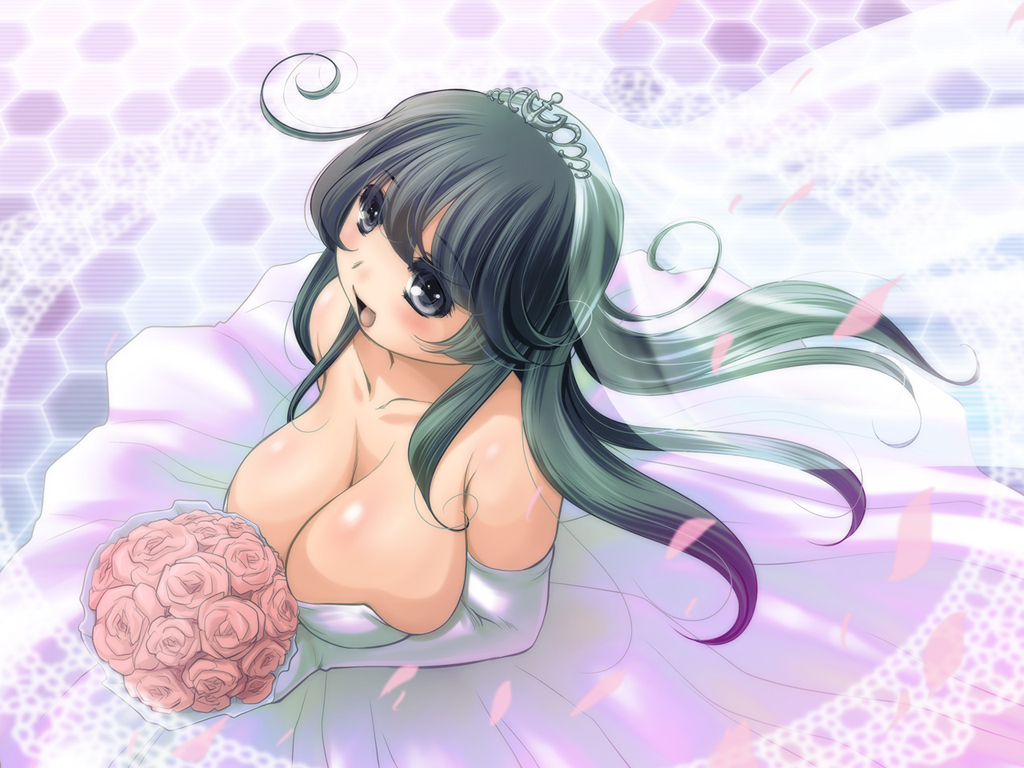 bare_shoulders black_eyes black_hair bouquet breasts cleavage dress elbow_gloves flower gloves huge_breasts kantai_collection kantori long_hair open_mouth petals smile solo ushio_(kantai_collection) wedding_dress white_legwear