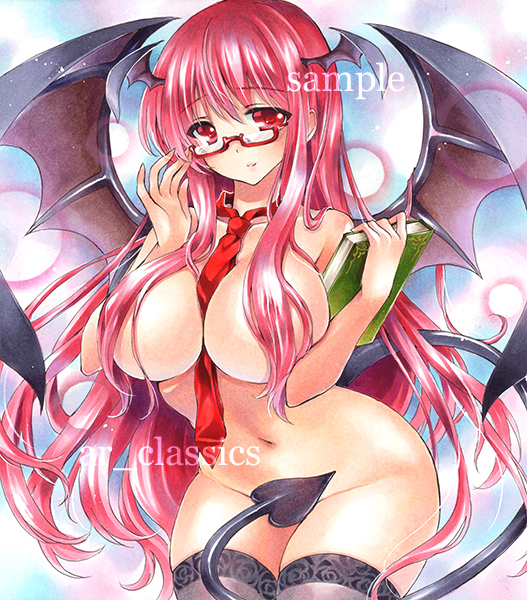 at_classics bespectacled between_breasts black_legwear blush breasts demon_girl demon_tail demon_wings glasses hair_censor head_wings koakuma lace lace-trimmed_thighhighs large_breasts long_hair looking_at_viewer marker_(medium) navel necktie necktie_between_breasts nude red-framed_eyewear red_eyes red_neckwear sample semi-rimless_eyewear smile solo tail thighhighs touhou traditional_media typo under-rim_eyewear wings