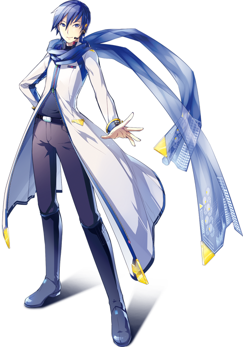 bangs belt blue_eyes blue_hair blue_scarf boots coat full_body headset ixima kaito kaito_(vocaloid3) male_focus microphone official_art pants scarf see-through solo transparent_background vocaloid zipper