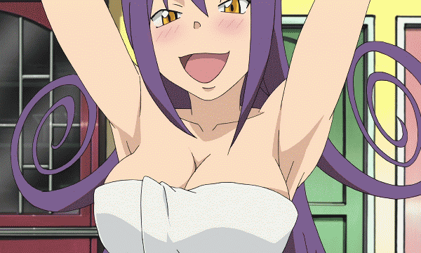 1girl animated animated_gif armpits blair blush breasts large_breasts purple_hair soul_eater towel yellow_eyes