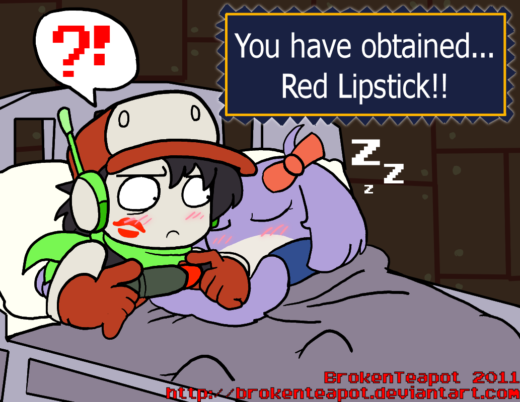 bed black_hair blush brokenteapot cave_story chaco duo female hair hair_bow hat humor kissing lagomorph lipstick lipstick_mark male mammal mimiga morning_after quote quote_(cave_story) shocked sleeping straight video_games