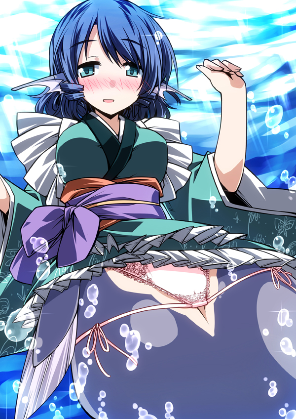 blue_hair blush head_fins hemogurobin_a1c japanese_clothes kimono lace lace-trimmed_panties long_sleeves looking_at_viewer mermaid monster_girl obi open_mouth panties sash short_hair short_kimono side-tie_panties smile solo touhou underwear upskirt wakasagihime wide_sleeves