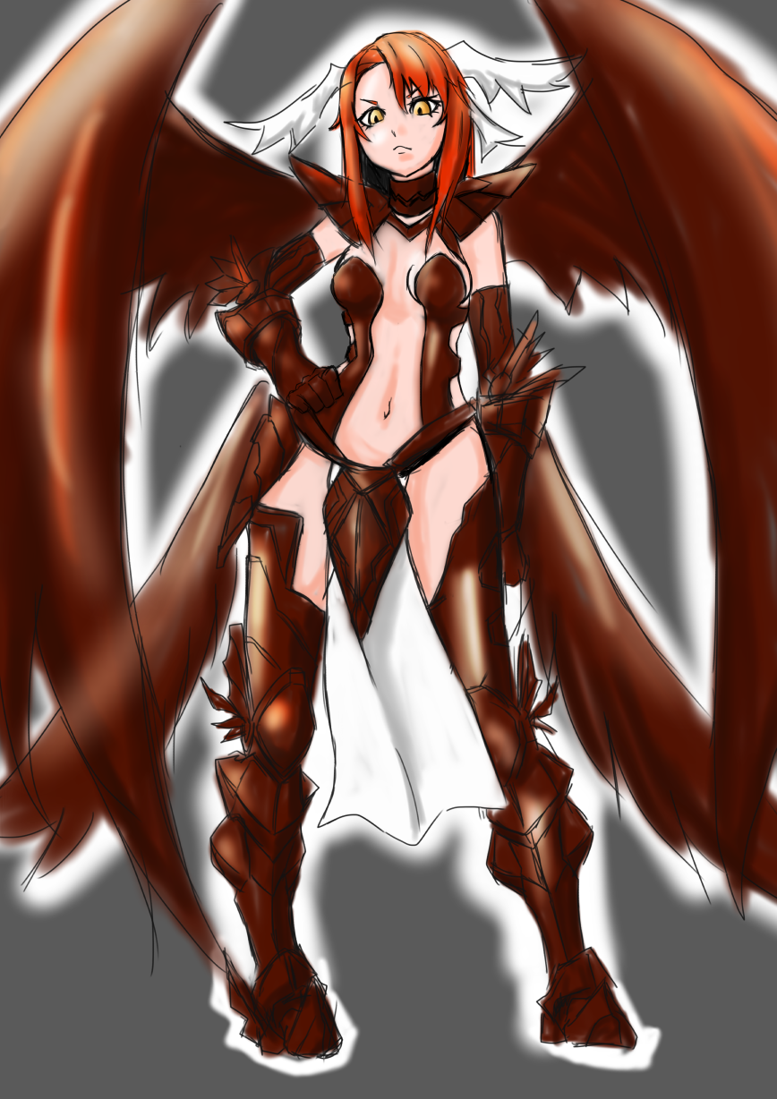 1girl armor minerva_(p&amp;d) navel puzzle_&amp;_dragons red_hair wings yellow_eyes