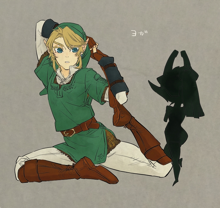 1girl bad_id bad_pixiv_id belt blonde_hair blue_eyes boots earrings fingerless_gloves gloves grey_background hat jewelry link looking_at_another midna parted_lips pointy_ears ponytail shadow stretch the_legend_of_zelda the_legend_of_zelda:_twilight_princess tobacco_(tabakokobata) translated yoga