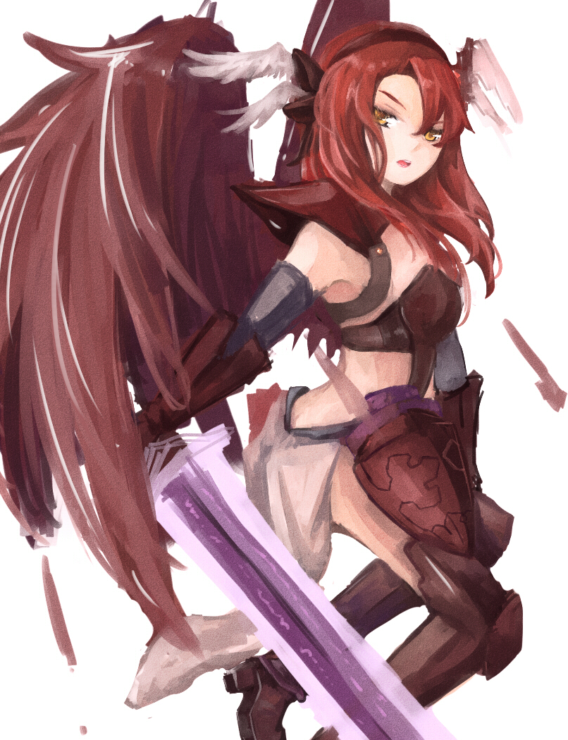 armor minerva_(p&amp;d) puzzle_&amp;_dragons red_hair sword weapon wings yellow_eyes