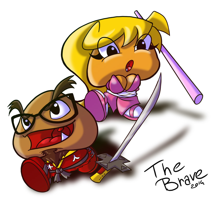 aki bald beard big_breasts blonde_hair breasts cleavage clothed clothing facial_hair female feral gaijin_goomba goomba hair male mario_bros nintendo polearm staff sword thebrave video_games weapon