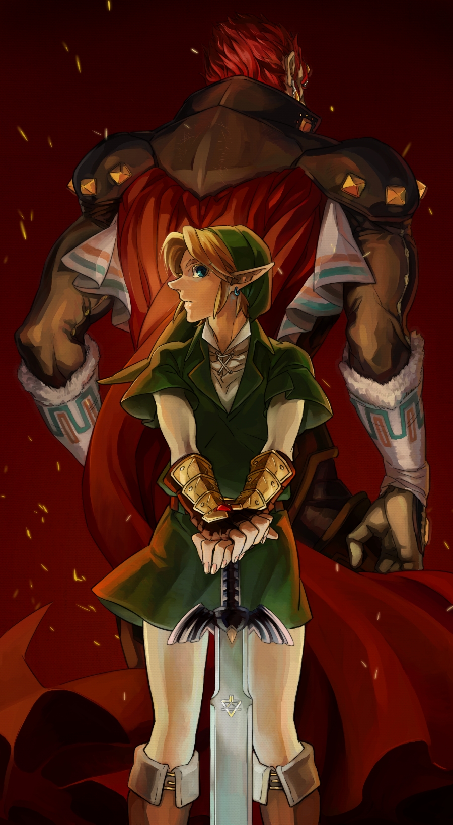 armor back-to-back bad_id bad_pixiv_id blonde_hair blue_eyes boots brown_footwear cape dark_skin dark_skinned_male earrings fingerless_gloves ganondorf gerudo gloves green_hat hat height_difference highres jewelry knee_boots link long_sleeves looking_at_viewer male_focus master_sword multiple_boys pants pointy_ears profile red_hair sheath sheathed shoulder_pads size_difference standing sword the_legend_of_zelda tobacco_(tabakokobata) tunic weapon