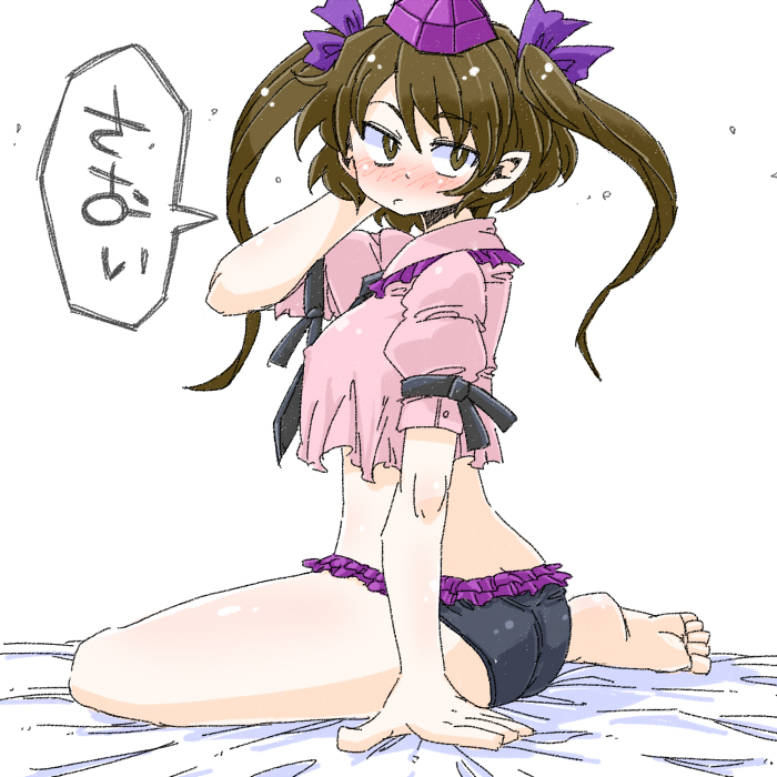aono3 ass barefoot black_panties blush brown_eyes brown_hair hat himekaidou_hatate no_pants panties pointy_ears simple_background sitting solo speech_bubble tokin_hat touhou translated twintails underwear