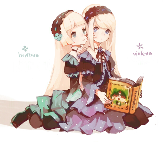 bad_id bad_pixiv_id black_legwear blonde_hair blue_eyes book bright_pupils character_name clea dress facial_tattoo frills gothic_lolita hairband hand_on_another's_shoulder hime_cut holding holding_book hortense layered_dress lolita_fashion long_hair marchen multiple_girls pantyhose reading ribbon-trimmed_hairband roman shoes simple_background sitting sound_horizon tattoo very_long_hair violette white_background white_pupils