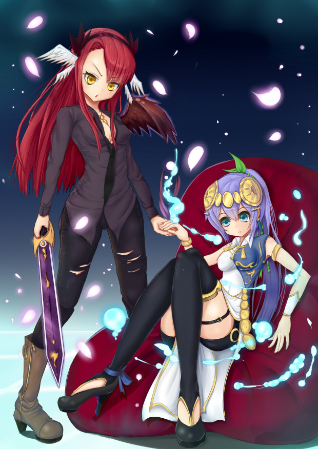 2girls blue_eyes blue_hair boots hair_ornament headband jewelry lakshmi_(p&amp;d) lots_of_jewelry minerva_(p&amp;d) multiple_girls necklace necktie puzzle_&amp;_dragons red_hair sword thighhighs tie torn_clothes weapon wings yellow_eyes