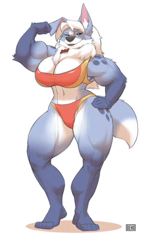 2014 big_breasts black_nose blue_fur bng breasts canine chest_tuft dog eyewear female fur glasses hair long_hair mammal morgi muscles muscular_female solo standing tuft white_fur white_hair