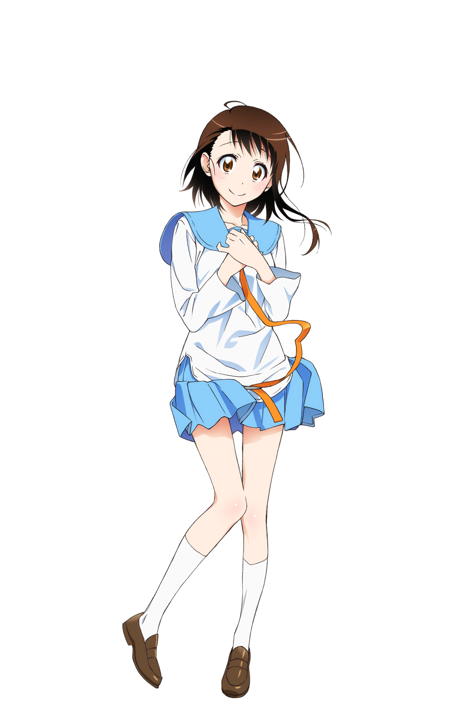 brown_eyes brown_hair full_body hands_clasped hands_on_own_chest highres loafers long_legs looking_at_viewer miniskirt necktie nisekoi official_art onodera_kosaki own_hands_together school_uniform shoes short_hair skirt smile socks solo sugiyama_nobuhiro transparent_background white_legwear