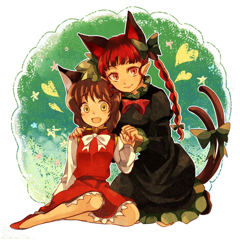 animal_ears bare_legs bow braid brown_hair cat_ears cat_tail chen commentary_request dress extra_ears fang hair_bow hat heart kaenbyou_rin long_hair looking_at_viewer multiple_girls multiple_tails neko_ni_chikyuu open_mouth pointy_ears red_eyes red_hair smile tail tail_bow touhou twin_braids yellow_eyes
