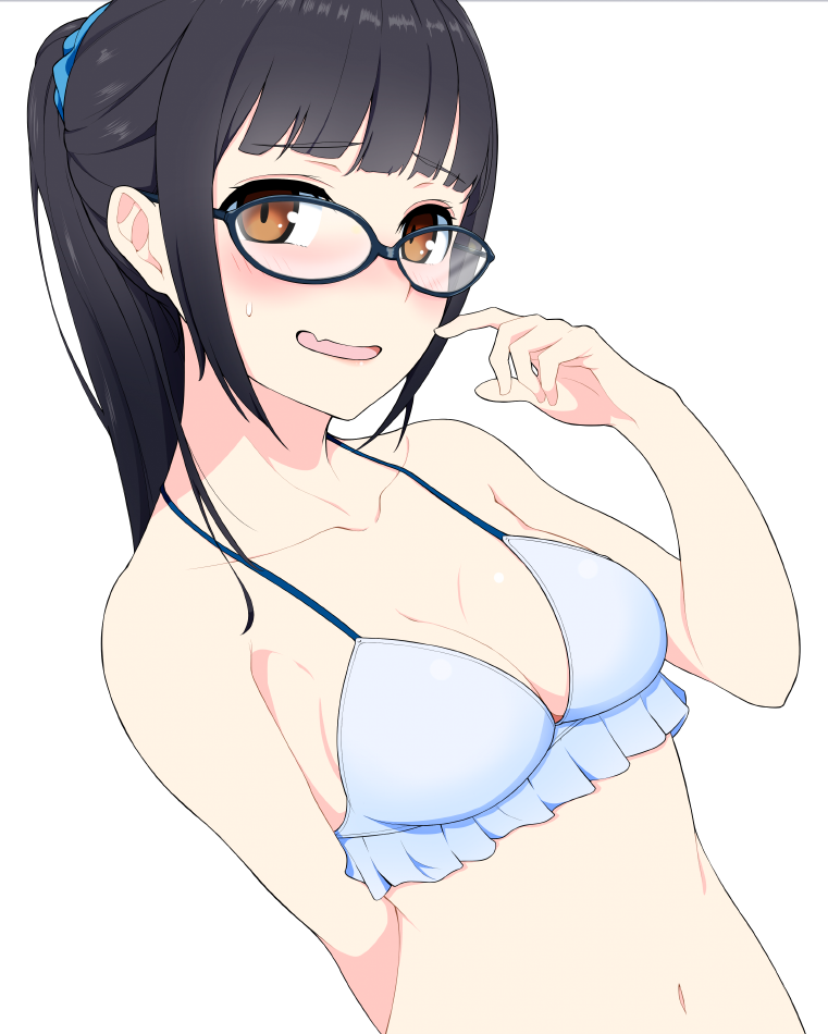 1girl :o arm_behind_back bangs bare_arms bare_shoulders bikini black_hair blue-framed_eyewear blue_bikini blue_scrunchie blush breasts brown_eyes cleavage collarbone commentary_request embarrassed eyebrows_visible_through_hair fang frilled_bikini frills glasses hair_ornament hair_scrunchie halterneck hand_up hi_iro long_hair looking_at_viewer medium_breasts navel open_mouth original ponytail scrunchie sidelocks simple_background smile solo stomach sweat swimsuit upper_body white_background