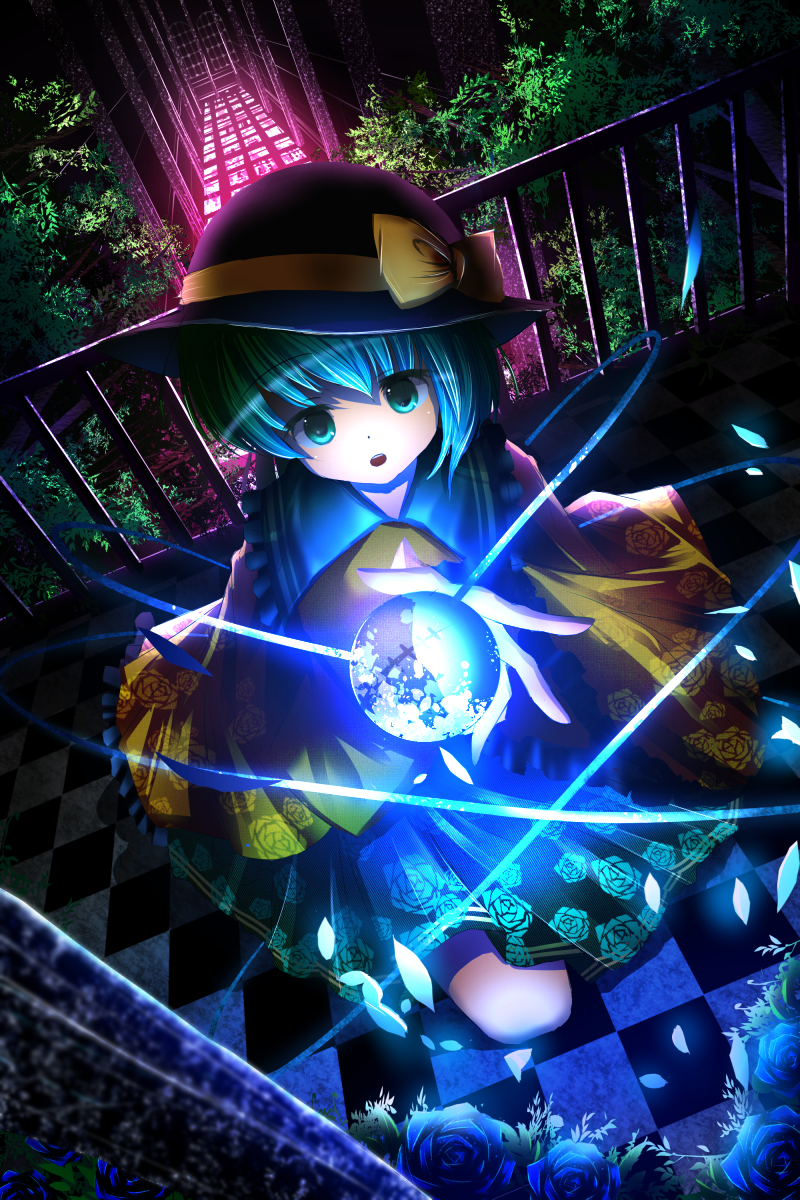 aqua_hair balcony blouse blue_flower blue_rose checkered checkered_floor dutch_angle floral_print flower gate glowing green_eyes hallway hat hat_ribbon highres kneeling komeiji_koishi looking_at_viewer night open_mouth outstretched_hand pengin_(takeoff425) railing ribbon rose short_hair skirt solo third_eye touhou