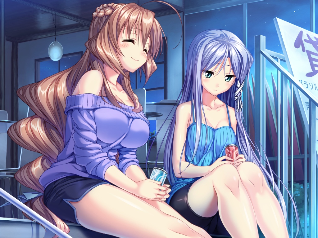 2girls aozora_stripe blue_eyes brown_hair can collarbone eyes_closed game_cg long_hair multiple_girls night piromizu purple_hair sawatari_kyouko soda tsuruno_satsuki