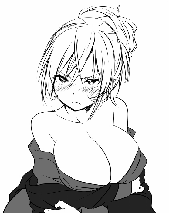 bare_shoulders blush breasts cleavage frown greyscale large_breasts lineart monochrome simple_background solo white_background zaxwu