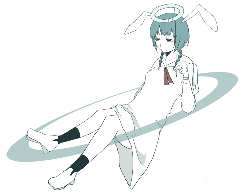 animal_ears bags_under_eyes braid bunny_ears full_body halo looking_away mimi_(pop'n_music) pop'n_music reclining sailor_collar shoes simple_background socks solo spot_color sumeshi_(pixiv) tired twin_braids