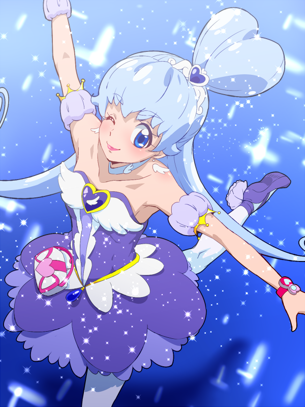 alternate_form alternate_hairstyle ballerina bare_shoulders blue_background blue_eyes blue_hair choker cure_princess happinesscharge_precure! lips magical_girl one_eye_closed outstretched_arms pantyhose precure sherbet_ballet shirayuki_hime skirt solo tj-type1 twintails