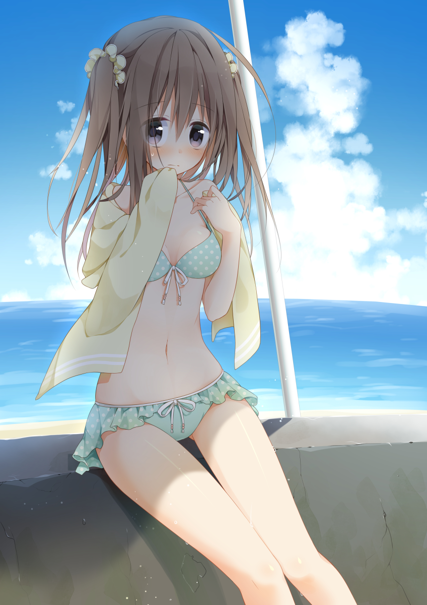 bad_id bad_pixiv_id beach bikini bikini_skirt black_eyes blush brown_hair day front-tie_top highres long_hair looking_at_viewer nana_kusun navel original polka_dot polka_dot_bikini polka_dot_swimsuit shiny shiny_skin sitting solo strap_gap swimsuit thigh_gap two_side_up