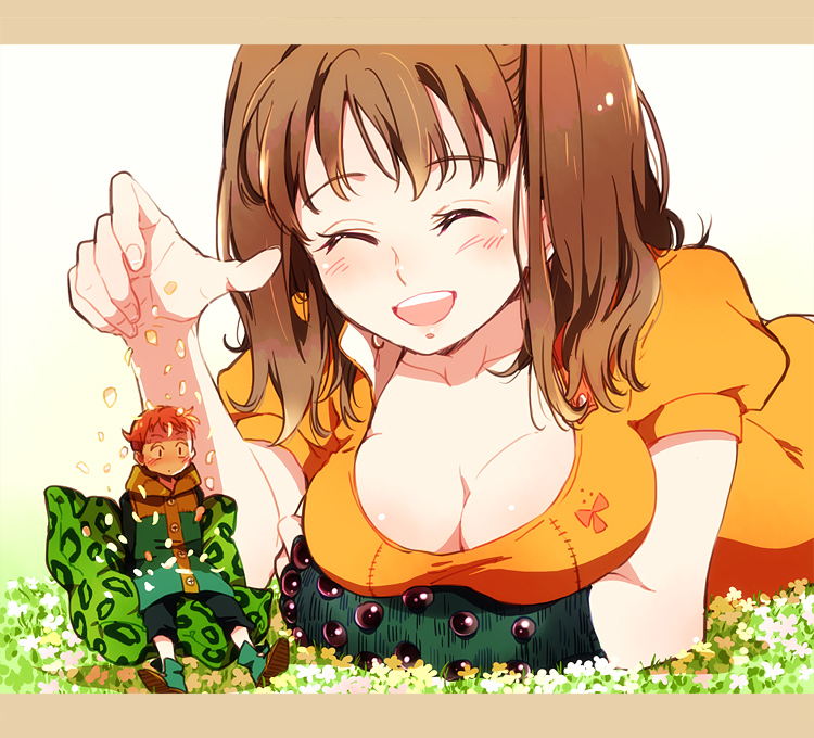 1girl :d ^_^ ^o^ animal_print ankle_boots arm_support arm_under_breasts bangs black_pants blush boots breast_rest breasts brown_eyes brown_hair capri_pants cleavage closed_eyes collarbone diane_(nanatsu_no_taizai) elbow_gloves emblem facing_viewer falling_petals field fingerless_gloves flower flower_field from_side full_body gem giantess gloves gradient gradient_background grass green_footwear green_gloves green_jacket green_pillow guttary hand_up happy hood hood_down hooded_jacket jacket king_(nanatsu_no_taizai) large_breasts leopard_print leotard letterboxed long_sleeves looking_at_viewer lying medium_hair multicolored multicolored_clothes nanatsu_no_taizai on_ground open_mouth orange_leotard outdoors pants petals pillow pink_flower print_pillow puffy_short_sleeves puffy_sleeves raglan_sleeves round_teeth shade shadow short_sleeves single_elbow_glove single_glove sitting size_difference smile taut_clothes teeth twintails unfastened upper_body upper_teeth white_background white_flower yellow_flower