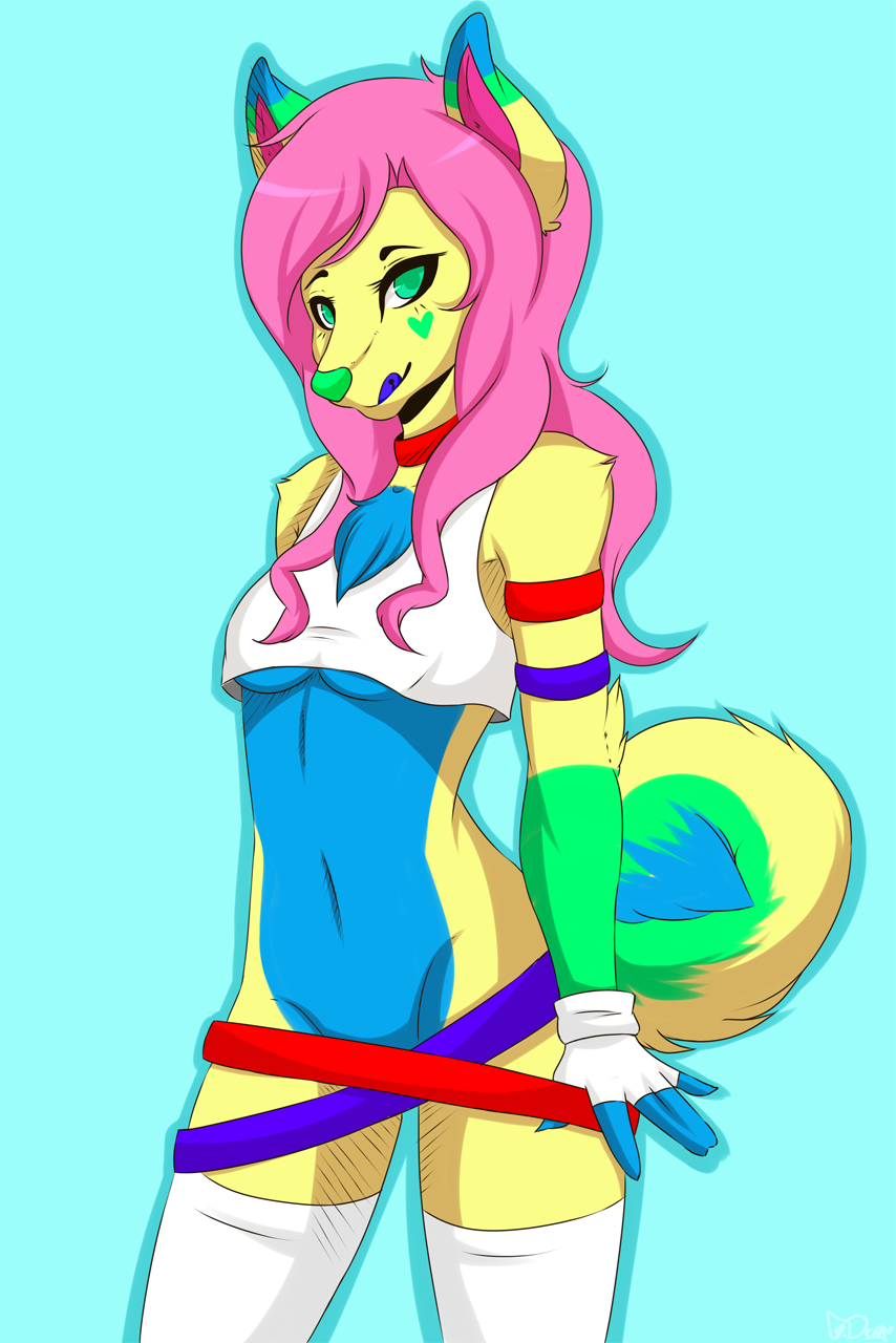 &lt;3 anthro armband blue_background blue_fur blue_tongue bottomless breasts canine chest_tuft clothing collar facial_markings female fluffy_tail fur geekidog gloves green_eyes green_fur green_nose hair legwear licking licking_lips long_hair looking_at_viewer mammal markings midriff multicolor_fur navel pink_hair plain_background pose shirt simple_background small_breasts solo stockings tank_top tongue tongue_out tuft yellow_fur