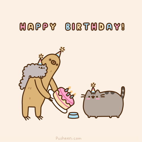 ambiguous_gender animated birthday blur cake cat cub cute english_text feline food fur grey_fur happy mammal plain_background pusheen pusheen_corp simple_background sloth text whiskers young