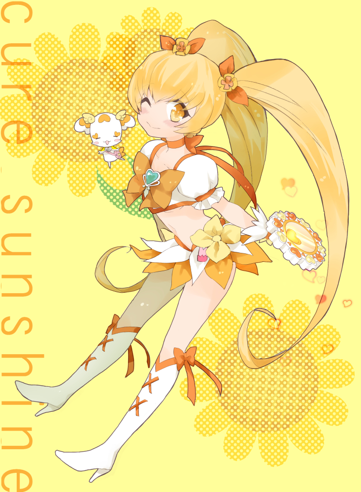 bad_id bad_pixiv_id blonde_hair blush boots bow character_name choker cure_sunshine english eyelashes flower hair_ornament hair_ribbon happy heartcatch_precure! high_heels knee_boots kneehighs lacolon long_hair looking_at_viewer magical_girl midriff myoudouin_itsuki navel one_eye_closed orange_bow orange_choker potpourri_(heartcatch_precure!) precure puffy_sleeves ribbon shirt skirt smile solo sunflower twintails wrist_cuffs yellow_background yellow_eyes