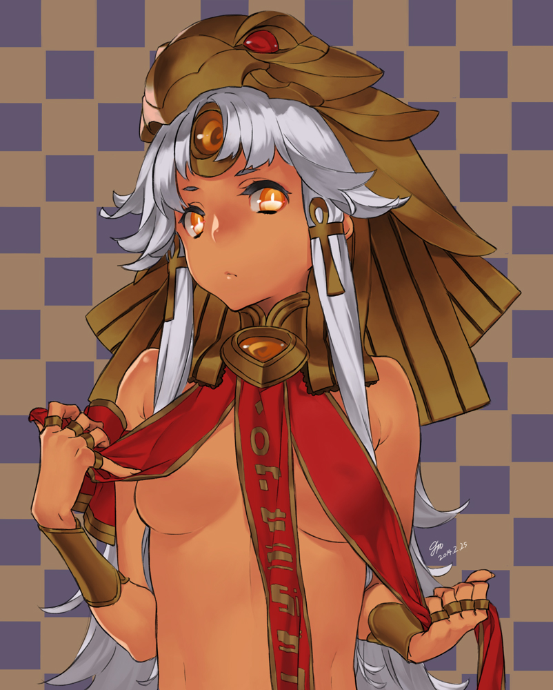 92m ankh bangle bracelet breasts dark_skin headdress jewelry long_hair looking_at_viewer lord_of_vermilion medium_breasts ra_(lord_of_vermilion) ring silver_hair solo very_long_hair yellow_eyes