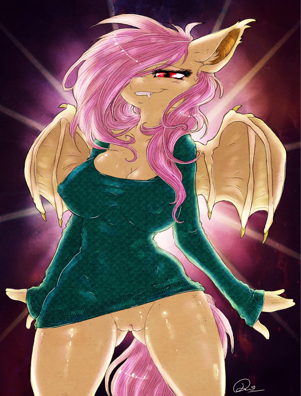 2014 abstract_background anthro anthrofied breasts dimwitdog equine eyelashes female fluttershy_(mlp) friendship_is_magic hair happy hi_res horse long_hair mammal my_little_pony nipples pegasus plain_background pony purple_background pussy red_eyes sharp_teeth smile solo squint sweater teeth vampire wings