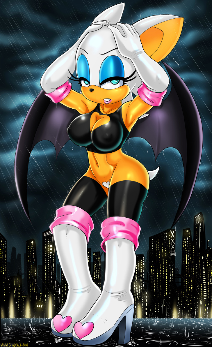 anthro bat big_breasts blue_eyes breasts female hair looking_at_viewer mammal navel nipples pubes rouge_the_bat rubber sega solo sonic_(series) therealshadman white_hair wings