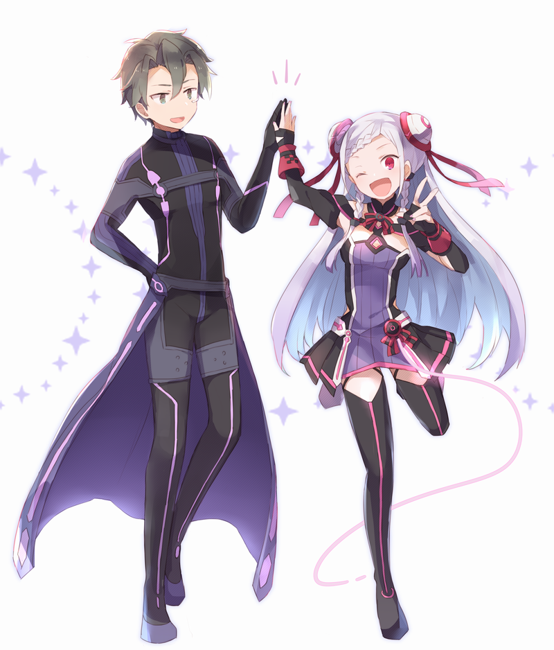 1boy 1girl :d ;d bangs black_bodysuit black_footwear black_sleeves bodysuit boots braid breasts brown_eyes brown_hair cape detached_sleeves double_bun dress eiji_(sao) floating_hair french_braid hair_ribbon hand_on_hip head_tilt long_hair long_sleeves looking_at_viewer one_eye_closed open_mouth oto_(rozeko) parted_bangs purple_cape purple_dress red_eyes red_ribbon ribbon short_dress silver_hair small_breasts smile sword_art_online sword_art_online_the_movie:_ordinal_scale thigh_boots thighhighs v very_long_hair waist_cape white_background yuna_(sao)