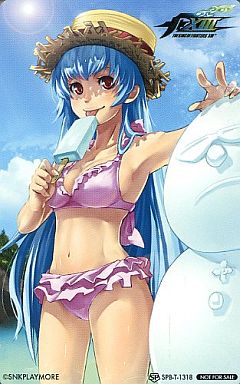 1girl armpits bikini blue_hair blue_sky cloud clouds ears food hat hips ice_cream icecream king_of_fighters king_of_fighters_xiii kula_diamond legs long_hair lowres midriff navel official_art red_eyes sky snk snow snowman solo swimsuit