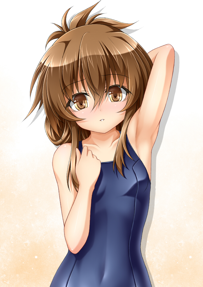 alternate_costume arm_up armpits blush brown_eyes brown_hair folded_ponytail inazuma_(kantai_collection) kantai_collection looking_at_viewer one-piece_swimsuit roura school_swimsuit school_uniform smile solo swimsuit