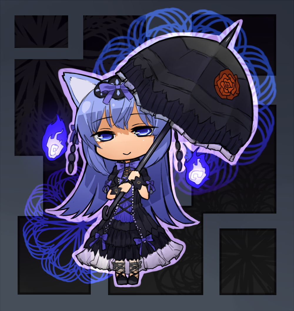 animal_ears ankle_lace-up black_umbrella blue_eyes blue_fire blue_hair bow chibi cross-laced_footwear dress emil_chronicle_online fire ganesagi gothic_lolita grey_background hair_bow hair_ornament hitodama lolita_fashion long_hair looking_at_viewer minatsuki_(eco) pigeon-toed ribbon smile solo umbrella