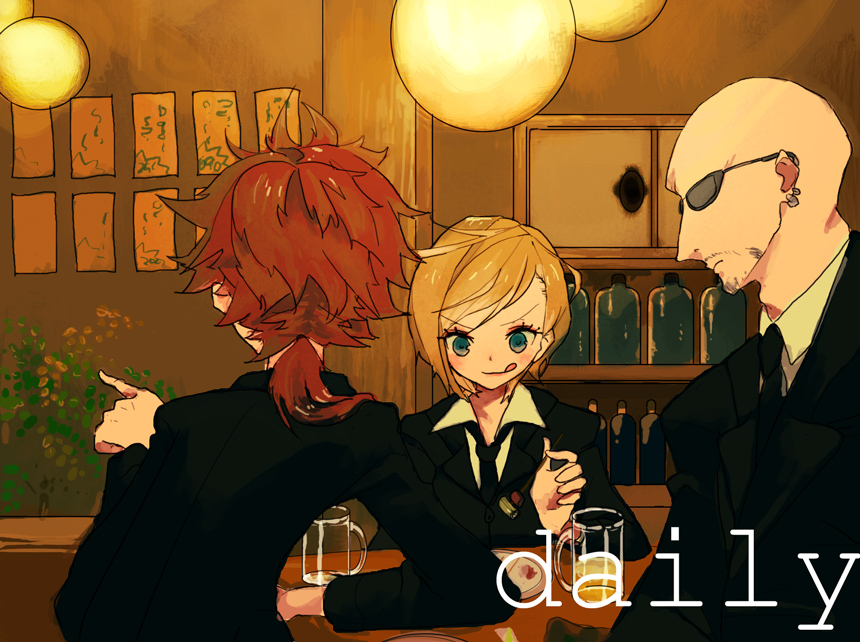 1girl 2boys :q artist_request bald blonde_hair blue_eyes elena_(ff7) final_fantasy final_fantasy_vii formal multiple_boys necktie red_hair reno rude suit sunglasses tongue tongue_out