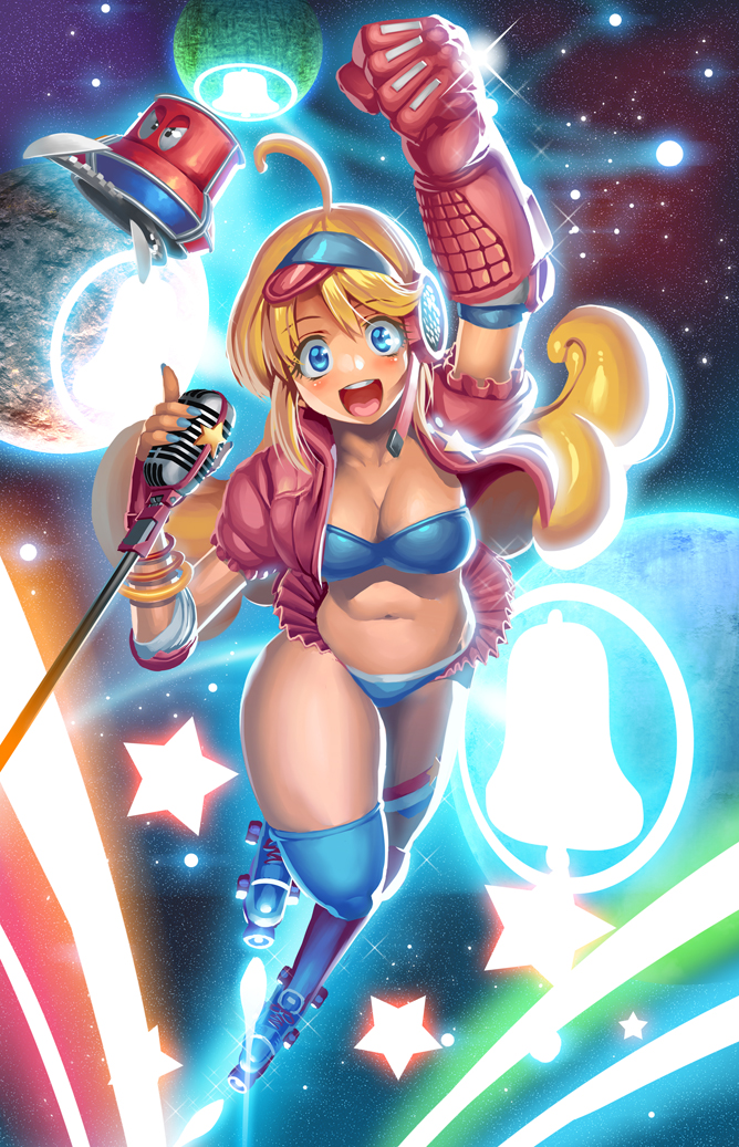 arm_up blonde_hair blue_eyes blush breasts cleavage gloves hoshino_nozomi inline_skates long_hair looking_at_viewer medium_breasts microphone navel obui open_clothes open_mouth planet roller_skates skates smile solo space star thighhighs trillion_starlights
