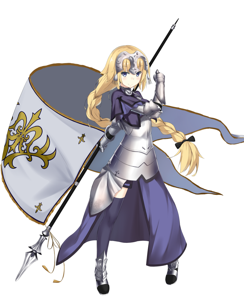 1girl armor armored_dress banner black_bow black_legwear blonde_hair blue_dress blue_eyes bow braid braided_ponytail dress eyebrows_visible_through_hair fate/apocrypha fate_(series) faulds floating_hair full_body gauntlets hair_bow headpiece hg---ay holding jeanne_d'arc_(fate) jeanne_d'arc_(fate)_(all) jeanne_d'arc_(fate) jeanne_d'arc_(fate)_(all) long_hair looking_at_viewer simple_background single_braid smile solo standing thighhighs very_long_hair white_background