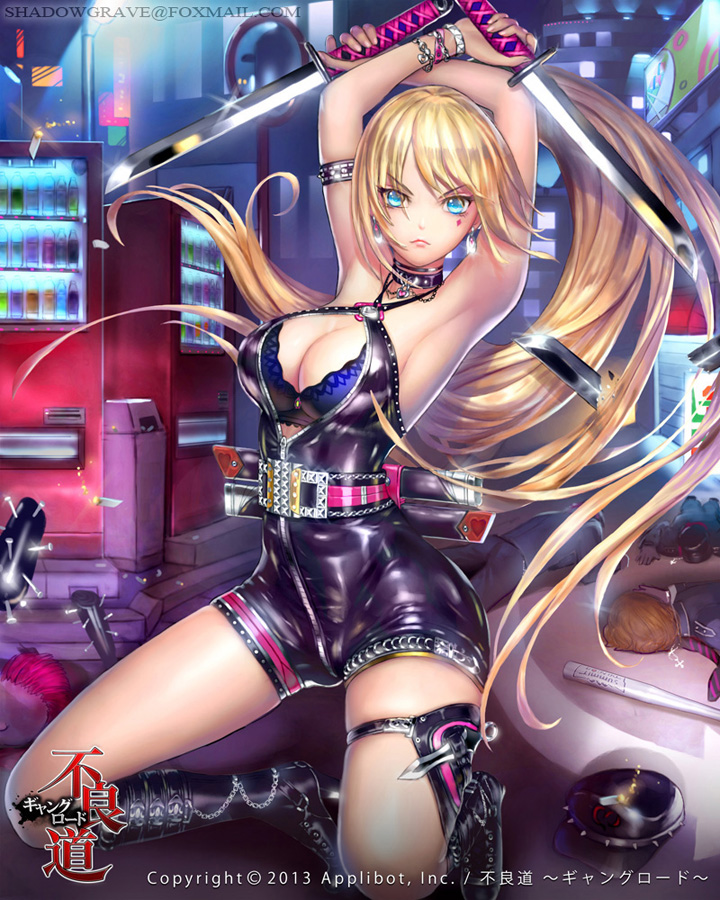 armband armpits arms_up baseball_bat blonde_hair blue_eyes boots bra bracelet breasts choker cleavage diamond_(shape) earrings facial_mark furyou_michi_~gang_road~ hat jewelry knee_boots knife large_breasts long_hair official_art shadowgrave solo spikes sword underwear vending_machine weapon